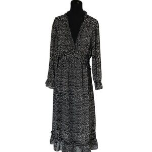 WOMENS RUFFLED LONG SLEEVE MIDI DRESS BLACK AND WHITE SZ XL